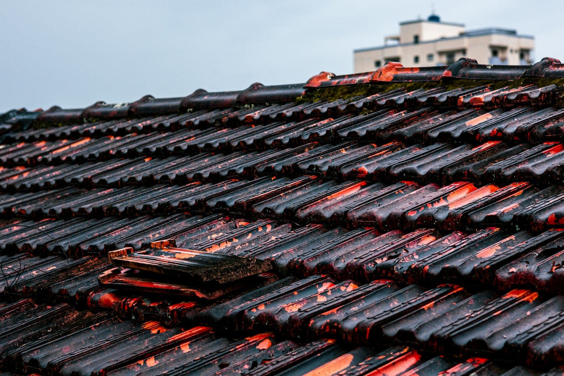 Cracked and broken tiles on a wet roof after a storm